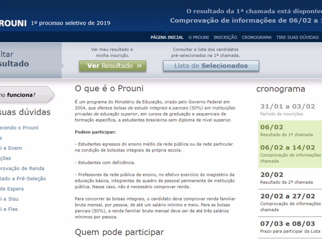 Divulgado o resultado da primeira chamada do ProUni 2019