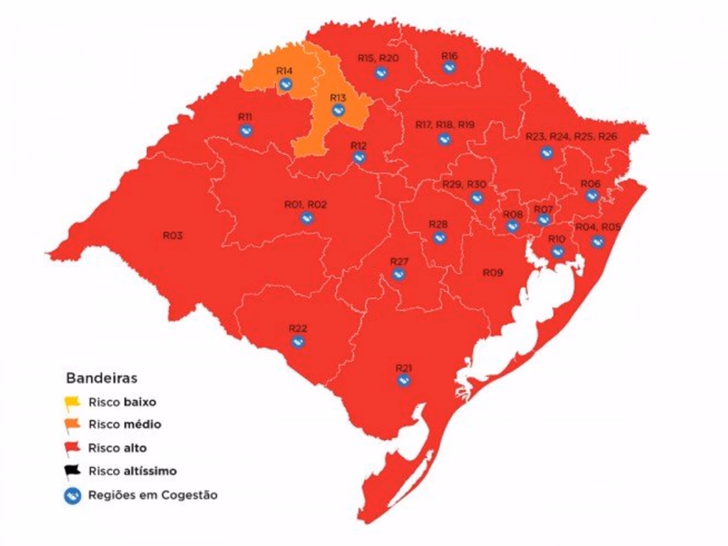 Estado mantém 19 regiões na bandeira vermelha